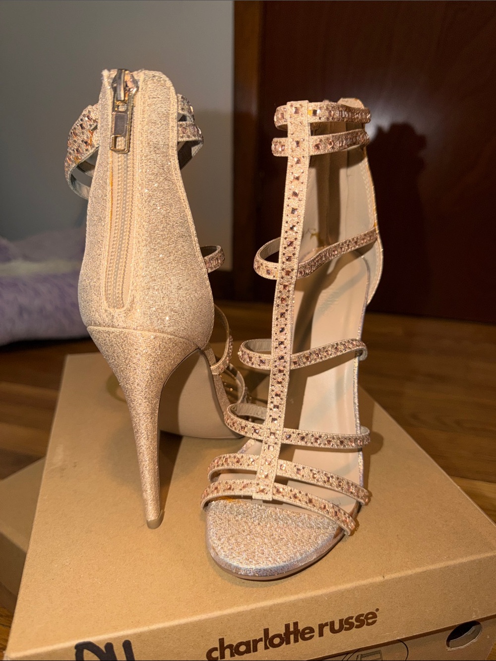 Charlotte Russe Glitter Strappy High Heels in Rose Gold